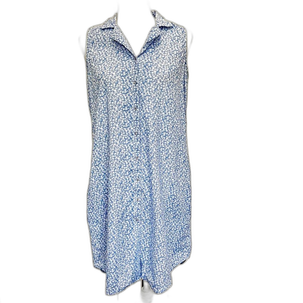 Joie Floral Cotton Shift Dress blue white sleeveless shirtdress Small